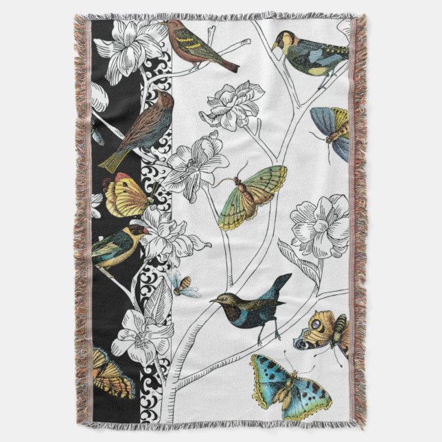 Birds and Butterfly on a Black & White Background Throw Blanket (Front Vertical)