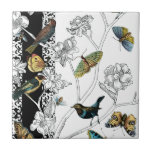 Birds and Butterfly on a Black & White Background Tile<br><div class="desc">Artist Chariklia Zarris is a talented painter and designer. She likes painting birds and wild animals and this picture is no exception. The vivid colours of birds and the butterflies are accentuated by the black and white branches in the background.</div>