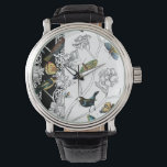 Birds and Butterfly on a Black & White Background Watch<br><div class="desc">Artist Chariklia Zarris is a talented painter and designer. She likes painting birds and wild animals and this picture is no exception. The vivid colours of birds and the butterflies are accentuated by the black and white branches in the background.</div>