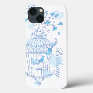 Birds and cage aqua blue name iphone case