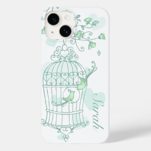 Birds and cage mint aqua green name Case-Mate iPhone 14 case