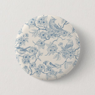 Birds and cherry blossom in blue and off white 2 inch round button