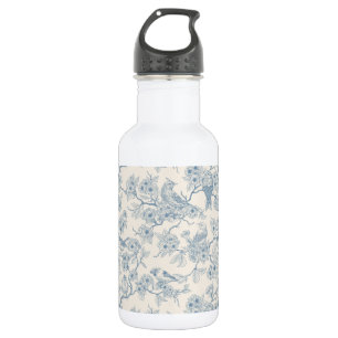 Birds and cherry blossom in blue and off white 532 ml water bottle