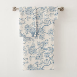 Birds and cherry blossom in blue and off white bath towel set