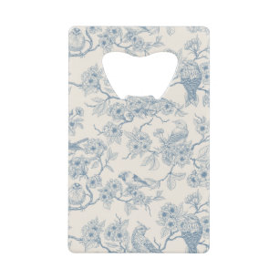 Birds and cherry blossom in blue and off white credit card bottle opener