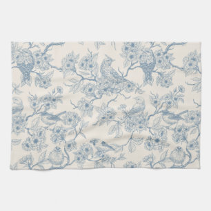 Birds and cherry blossom in blue and off white kitchen towel