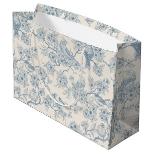Birds and cherry blossom in blue and off white large gift bag