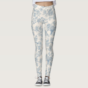 Birds and cherry blossom in blue and off white leggings