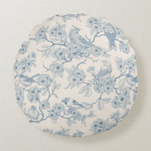 Birds and cherry blossom in blue and off white round pillow