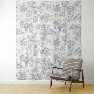 Birds and cherry blossom in blue and off white tapestry