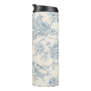 Birds and cherry blossom in blue and off white thermal tumbler