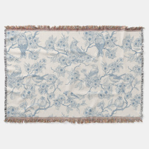 Birds and cherry blossom in blue and off white throw blanket