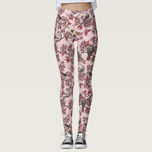 Birds and cherry blossom on rose pink leggings