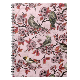 Birds and cherry blossom on rose pink notebook