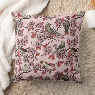 Birds and cherry blossom on rose pink throw pillow