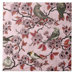 Birds and cherry blossom on rose pink tile