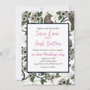 Birds and cherry blossom on white invitation