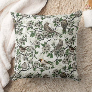 Birds and cherry blossom on white throw pillow
