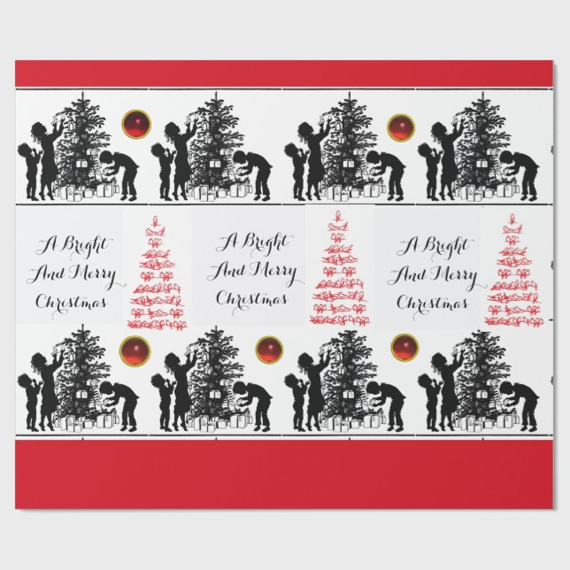 BIRDS AND CHRISTMAS TREE Black White Red Gems Wrapping Paper (Flat)