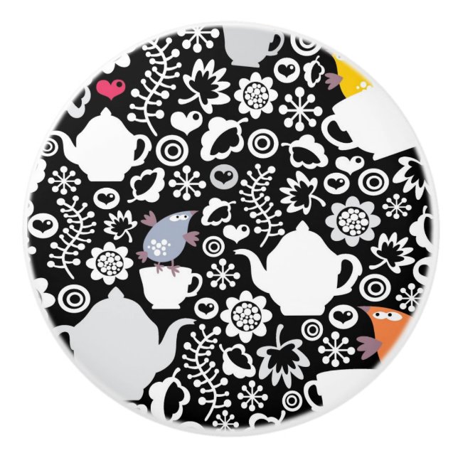 Birds and cups pattern ceramic knob (Front)