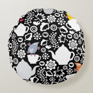 Birds and cups pattern round pillow