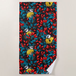 Birds and dog rose hips, blue and red beach towel