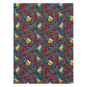 Birds and dog rose hips, blue and red tablecloth