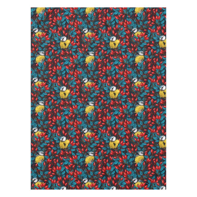Birds and dog rose hips, blue and red tablecloth (Front)