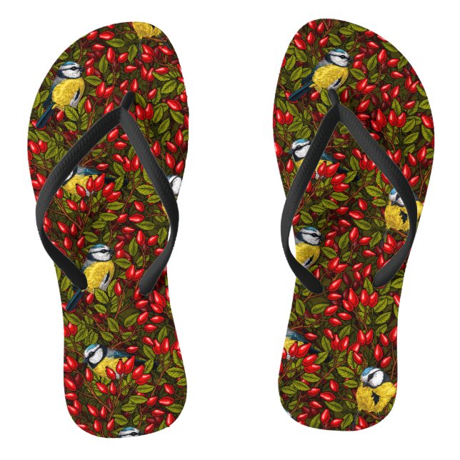 Birds and dog rose hips, green and red flip flops (Footbed)