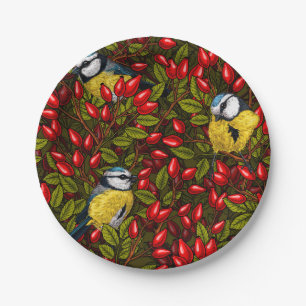 Birds and dog rose hips, green and red paper plate