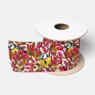 Birds and dog rose hips satin ribbon
