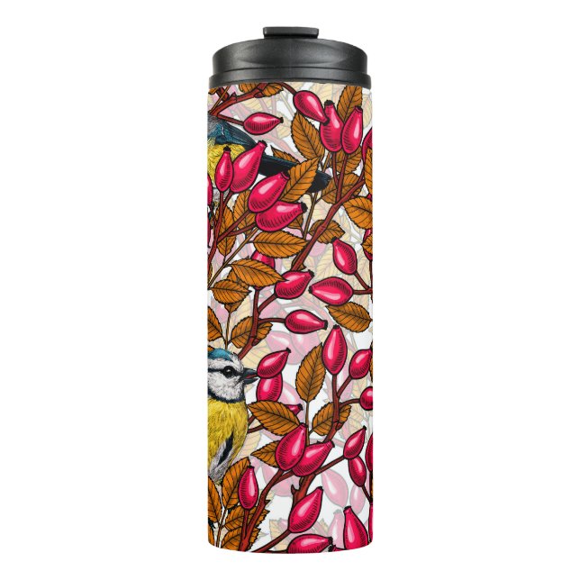 Birds and dog rose hips thermal tumbler (Front)
