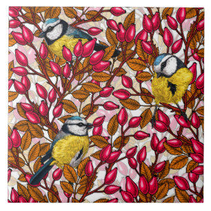Birds and dog rose hips tile