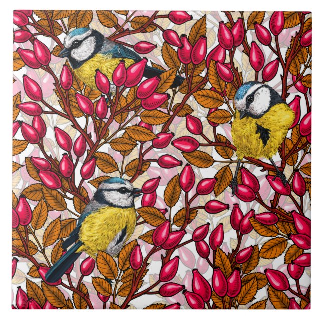 Birds and dog rose hips tile (Front)