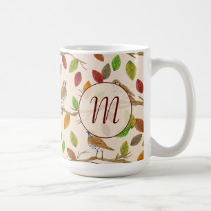 Birds and fall leaves custom initial monogram coffee mug