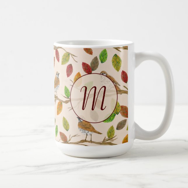 Birds and fall leaves custom initial monogram coffee mug (Right)