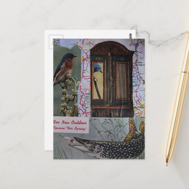 Birds and Fish Retro Collage Postcard (Front/Back In Situ)