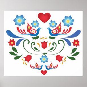 Birds and Flowers Folk-Art Design Poster