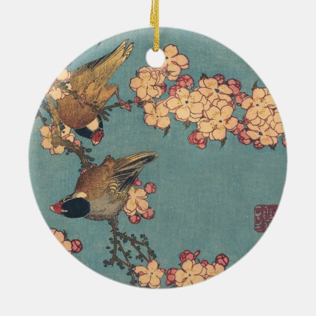 Birds and Flowers Japanese Art Pink Floral Ceramic Ornament (Back)