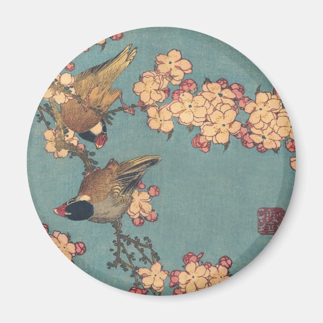 Birds and Flowers Japanese Art Pink Floral Magnet (Front)
