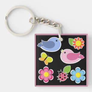 BIRDS AND FLOWERS PATTERN KEYCHAIN