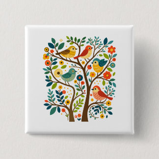 Birds and Flowers Scandinavian Folk Art 2 Inch Square Button