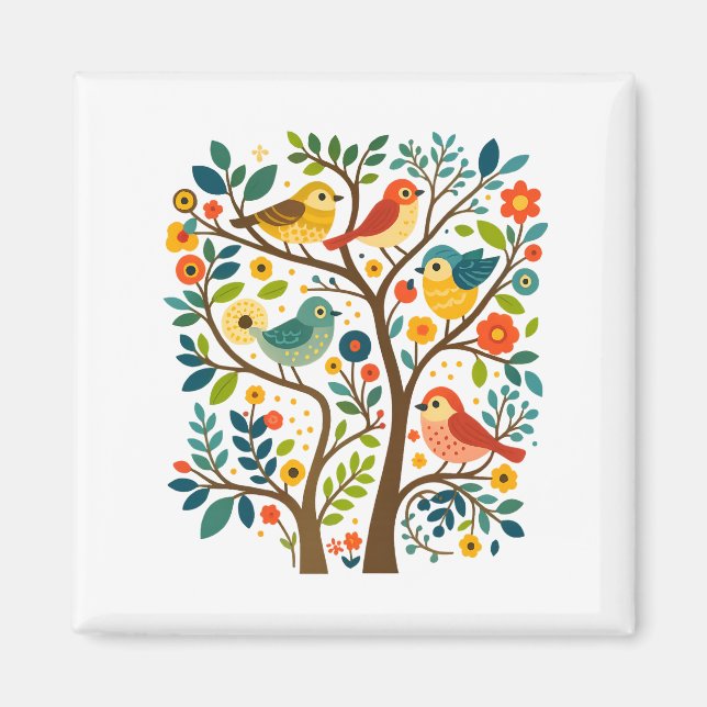 Birds and Flowers Scandinavian Folk Art Magnet (Front)