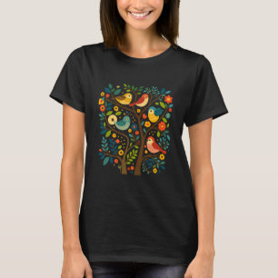 Birds and Flowers Scandinavian Folk Art T-Shirt