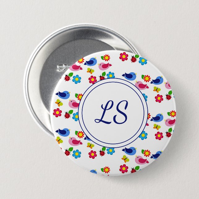 Birds and flowers spring pattern white 3 inch round button (Front & Back)