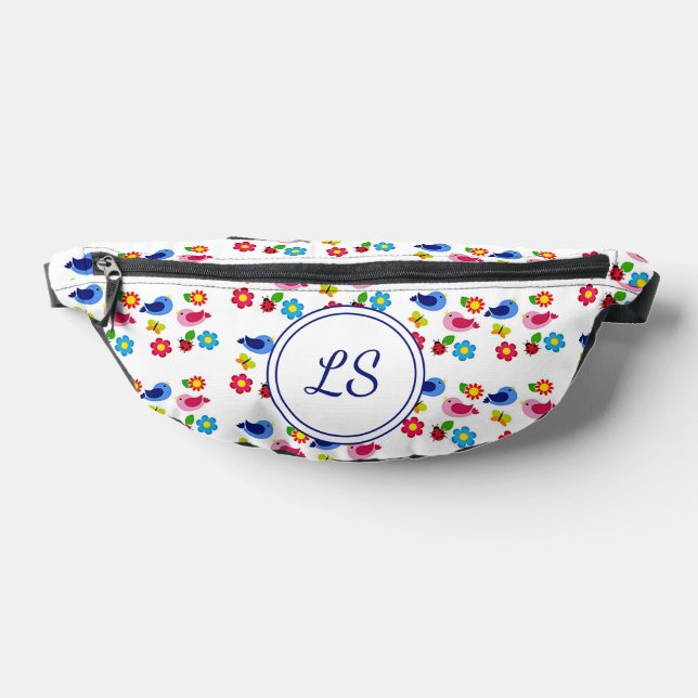 Birds and flowers spring pattern white fanny pack (Lay Down)