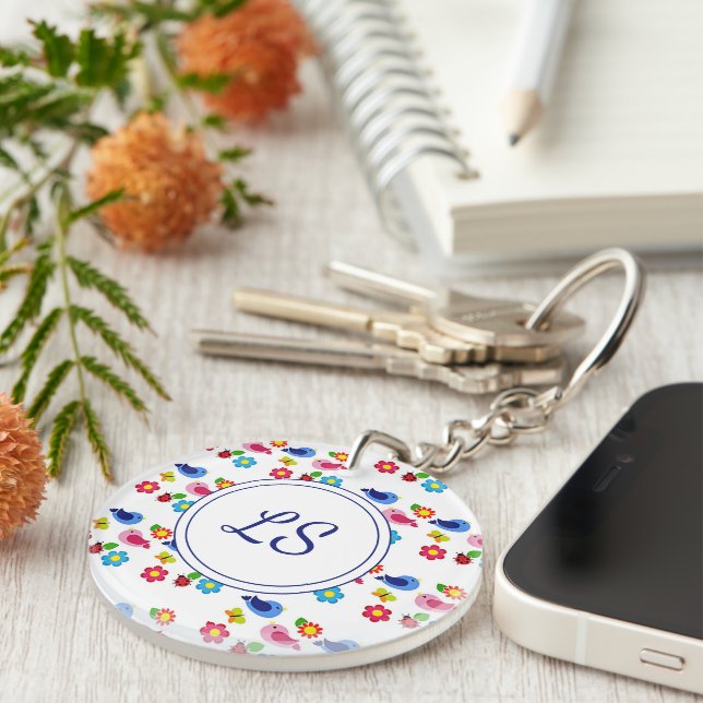 Birds and flowers spring pattern white keychain (Front Right)