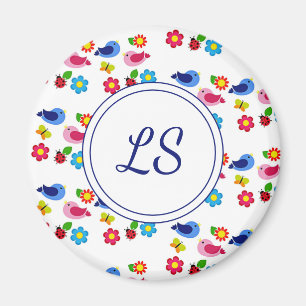 Birds and flowers spring pattern white magnet