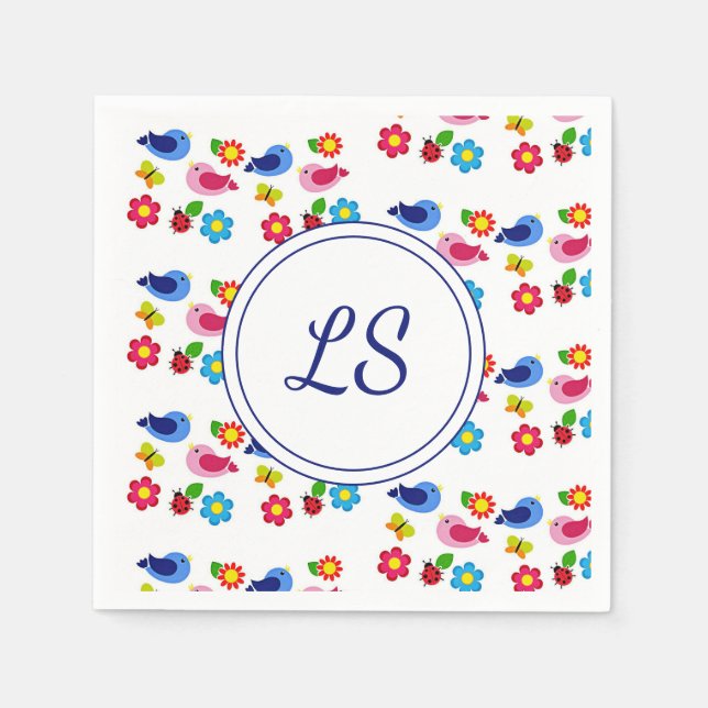 Birds and flowers spring pattern white napkin (Front)