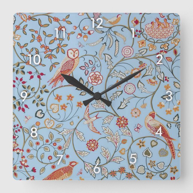 Birds and Flowers, William Morris Square Wall Clock (Front)